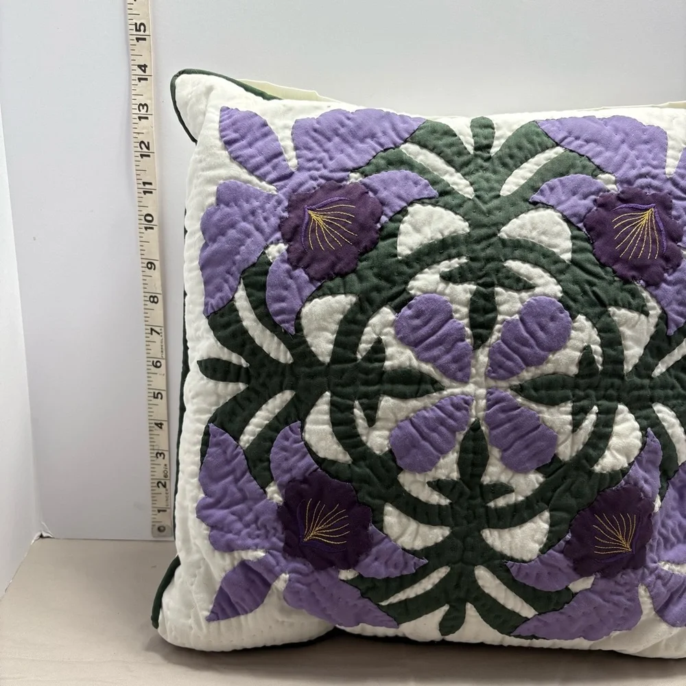 Hand Quilted Exquisite Hawaiian Orchid Pattern Purple Green Pillow